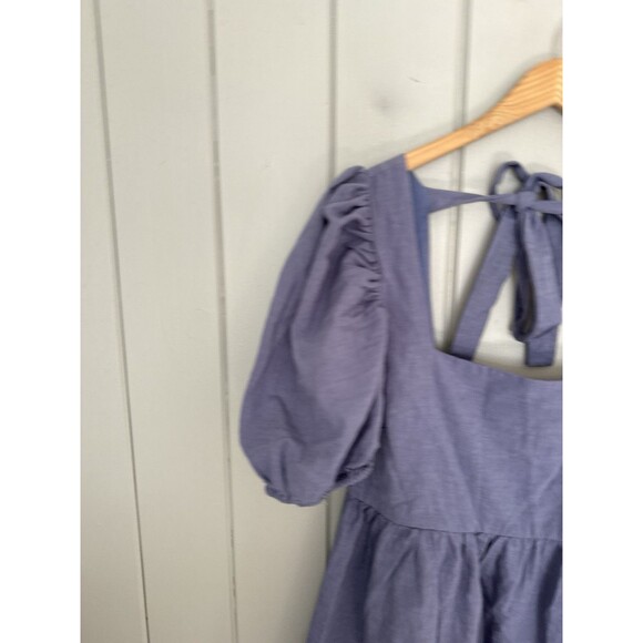 NEW Altar’d State Mini Dress M Medium Gracie Puff Sleeves Denim Blue Tie NEW - Picture 7 of 11